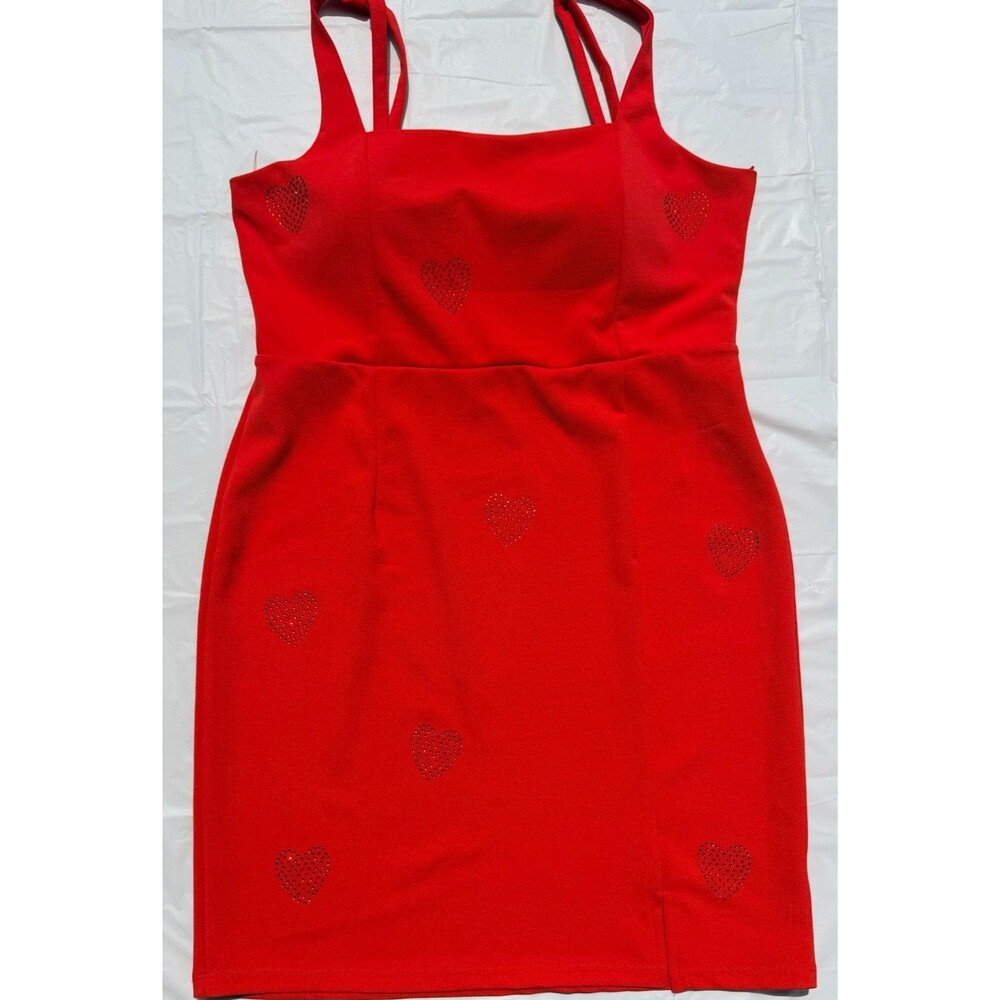 Planet Gold Red Rhinestone Heart Dress XL Bodycon Valentine Y2K Rhinestone Mini